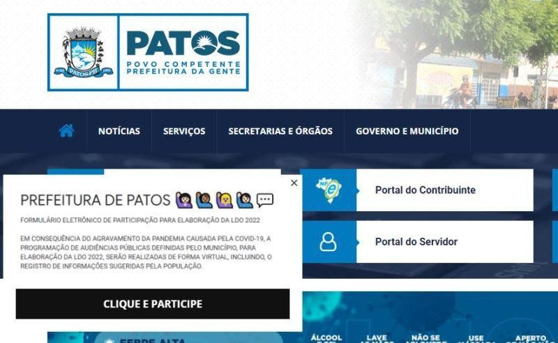 Prefeitura de Patos convoca população para consulta e elaboração da Lei Orçamentárias 2022