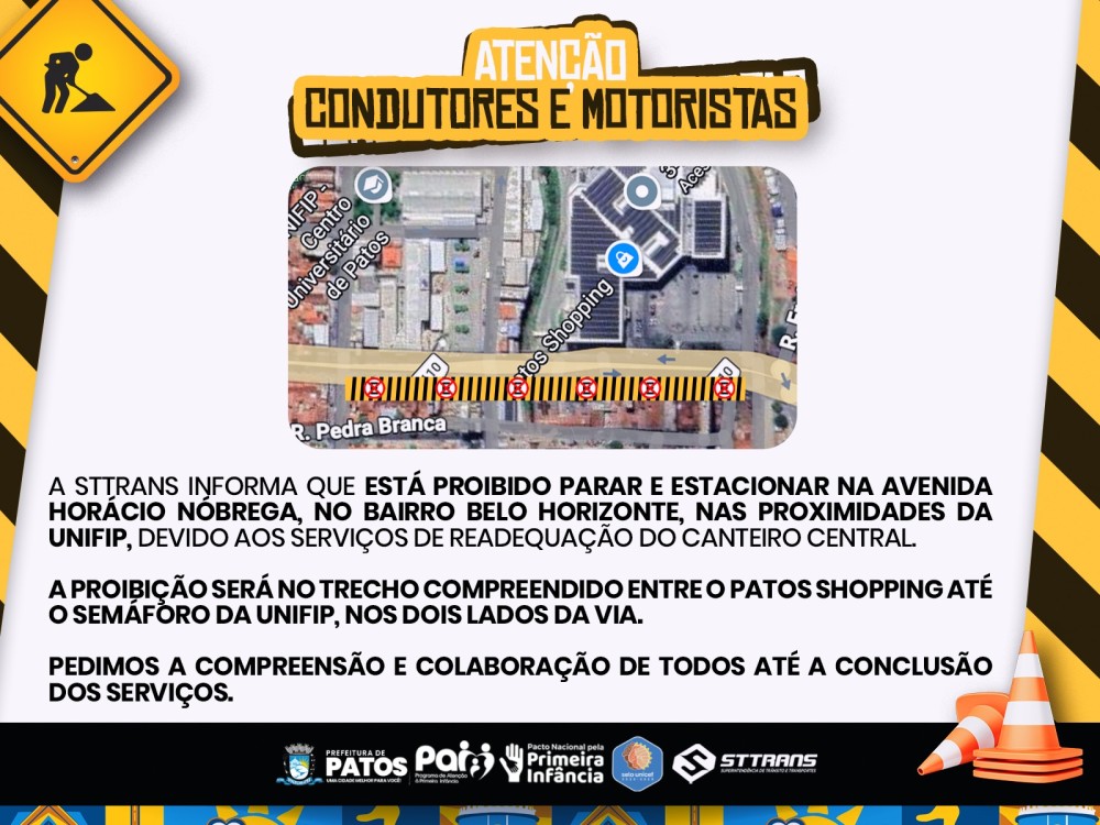 STTRANS orienta sobre proibição de parada e estacionamento na Avenida Horácio Nóbrega durante obras de readequação
