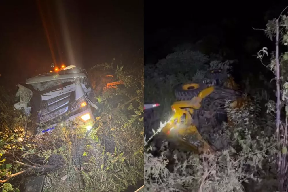 Caminhão que transportava retroescavadeira tomba na Serra do Teixeira
